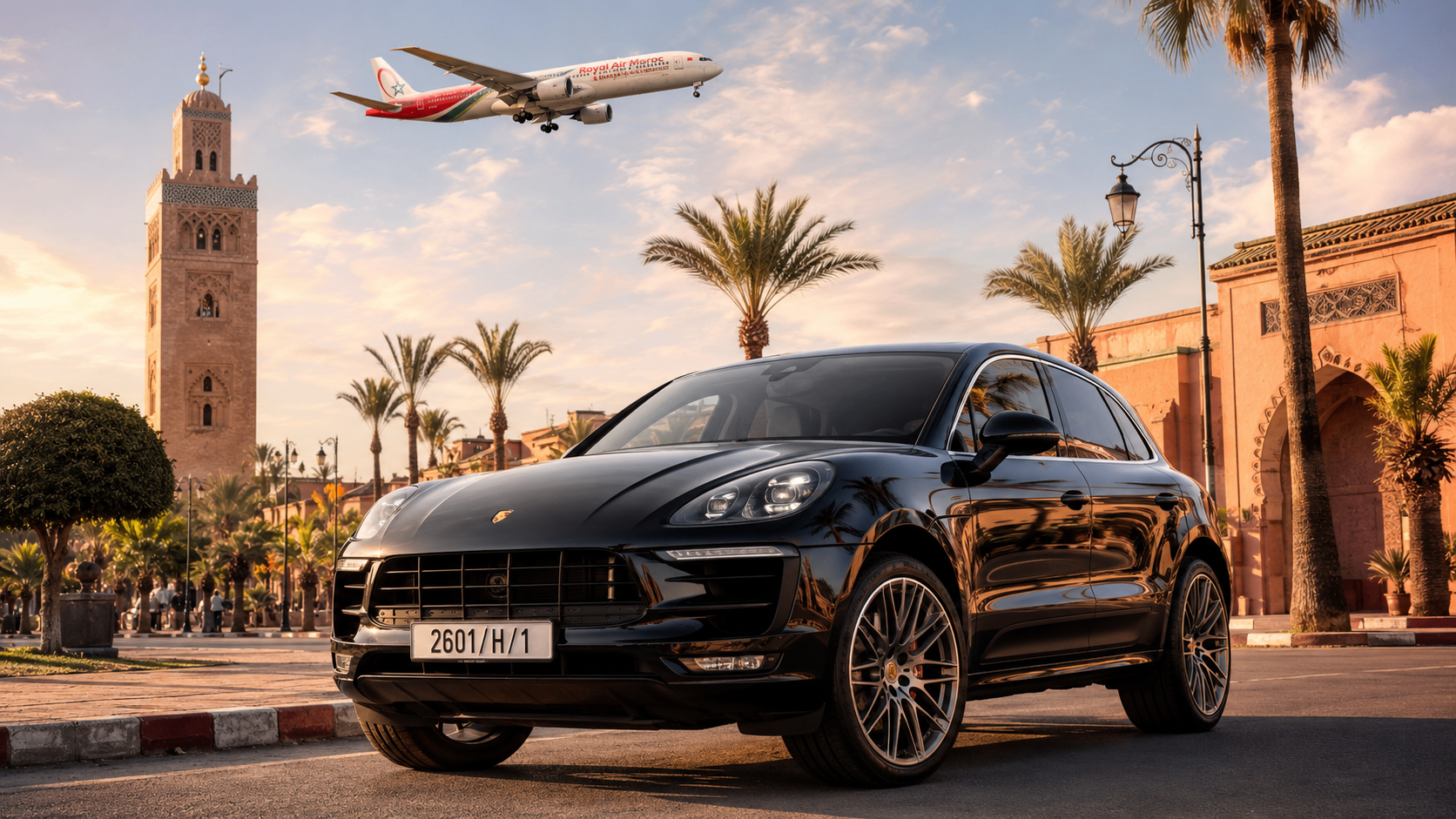 Location voiture sans caution au Maroc — palmier et avion au coucher du soleil
